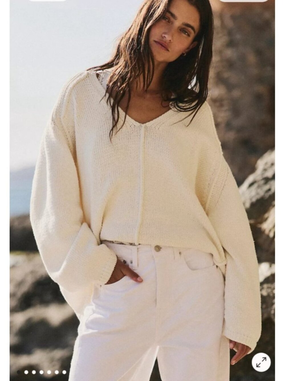 Free People 100% Cashmere Sweater Women M Ivory Cropped V Neck Ribbed Knit